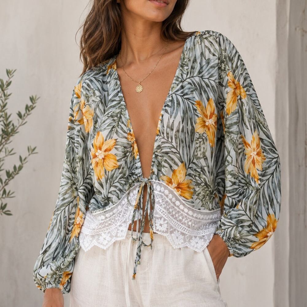 Timing Tropical Floral Lace Hem Tie Front Kimono Blouse M Boho Resort Beach